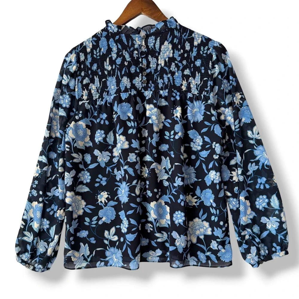 J. Crew Floral Smocked Blouse M Blue Ruffle Mock Neck Cottagecore Lined Boho
